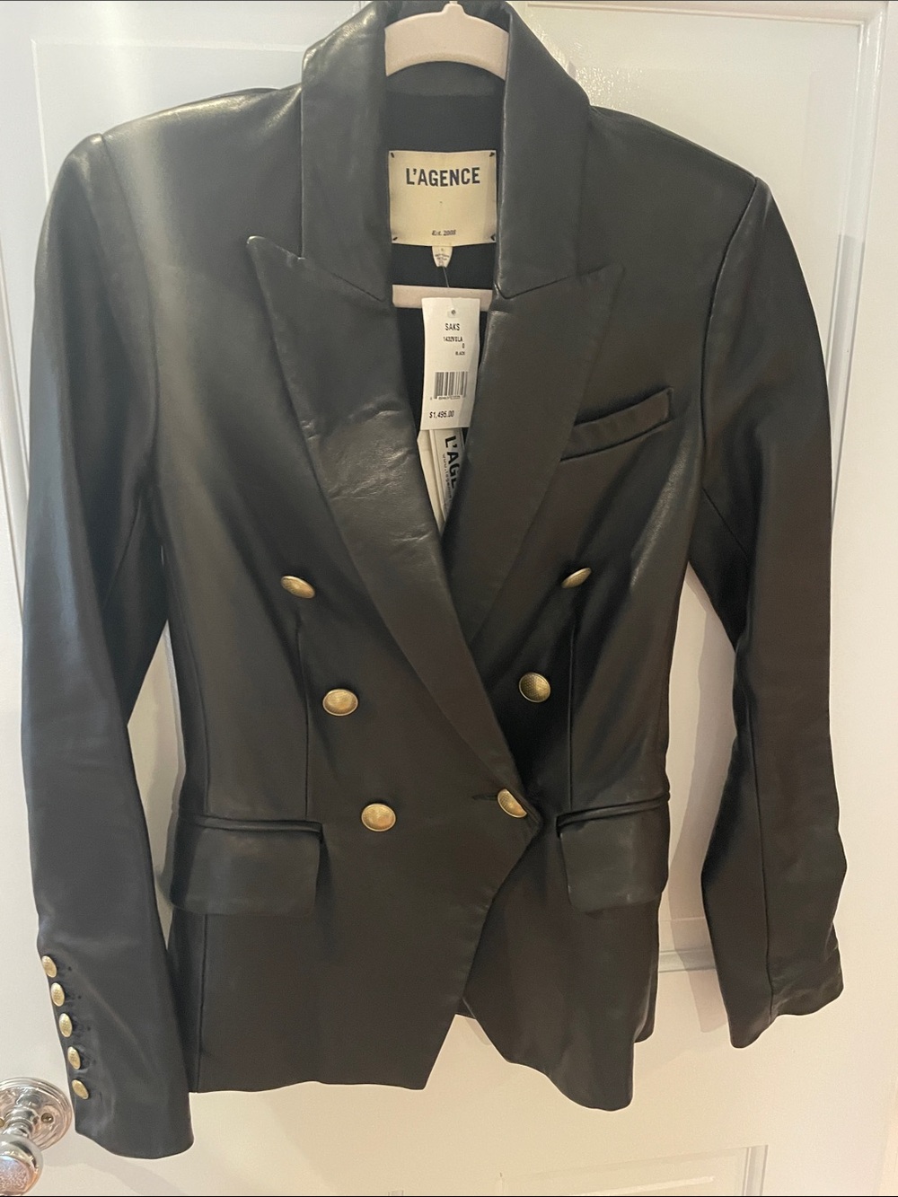 L'AGENCE Black Double-Breasted Leather Blazer with Gold Buttons